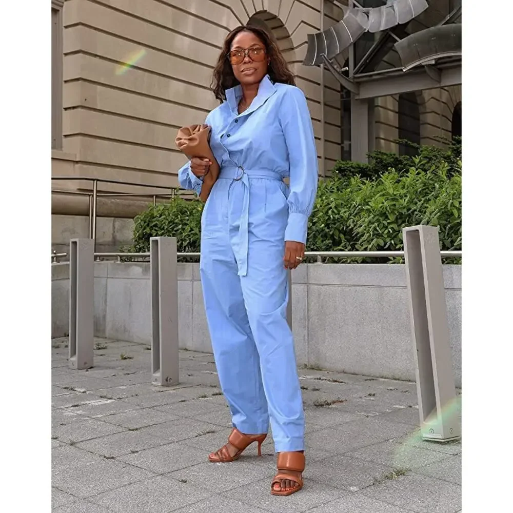 The Drop Womens Small Cornflower Blue Long Sleeve Belted Jumpsuit @highlowluxxe